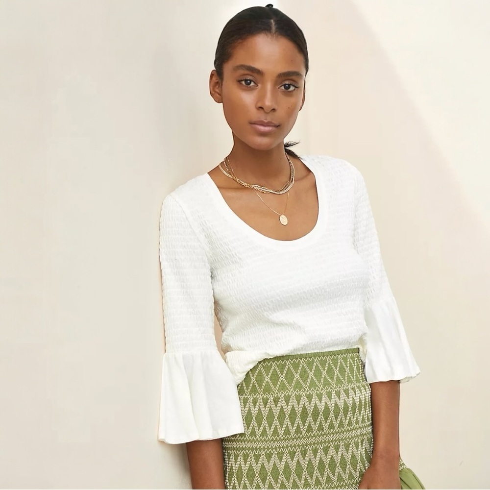 Anthropologie Women’s Smocked Bell-Sleeve Top In White Size XS